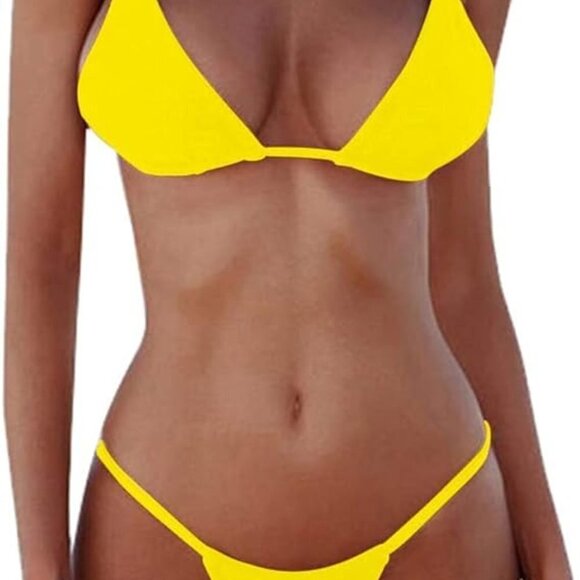LEMON YELLOW TRIANGLE STRING TIE BRAZILLIAN WAX THONG BIKINI SET SZ MEDIUM NWOT - Picture 3 of 8